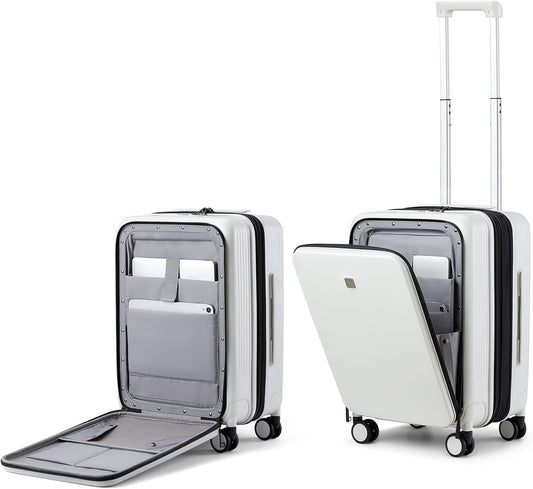 Hanke Grace Expandable Carry On Luggage with Wheels Airline Approved Hard Shell Suitcases with Front Pocket，Top Opening Luggage with TSA Lock for Short Business Travel, Smoke White.