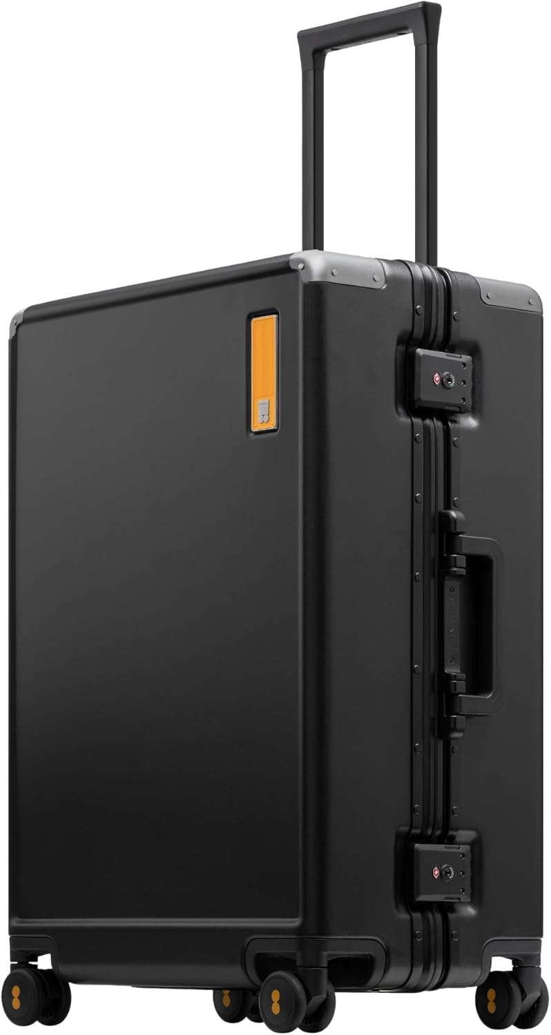 LEVEL8 Zipperless Checked Luggage with Aluminum Frame, Upgraded Medium Hardside Suitcase with Spinner Wheels, Metal Travel Luggage with Double Tsa Locks, 24 Inch, Black