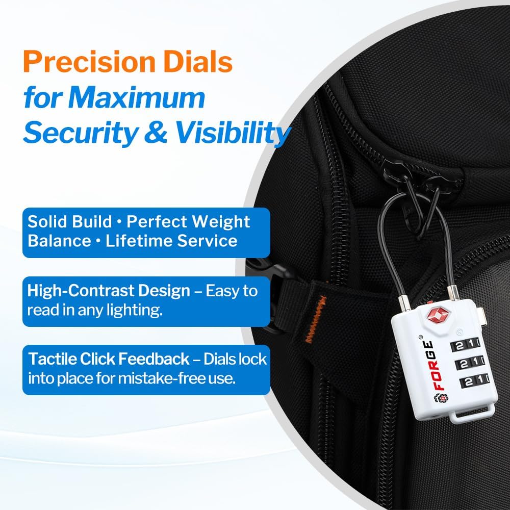 TSA Approved Cable Luggage Locks, Re-settable Combination with Alloy Body (White 4 Locks)