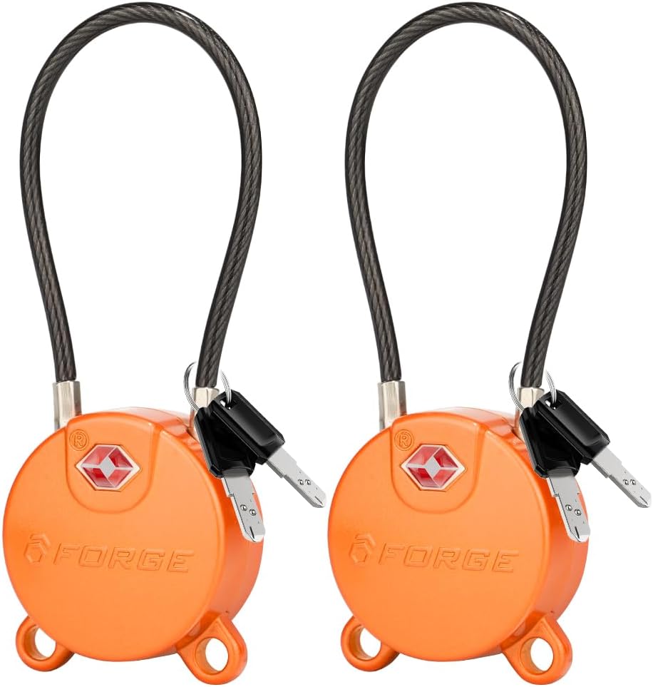 Forge TSA Approved Luggage Locks Ultra-Secure Dimple Key Cable Locks for Travel with Zinc Alloy Body- 2 Orange Locks
