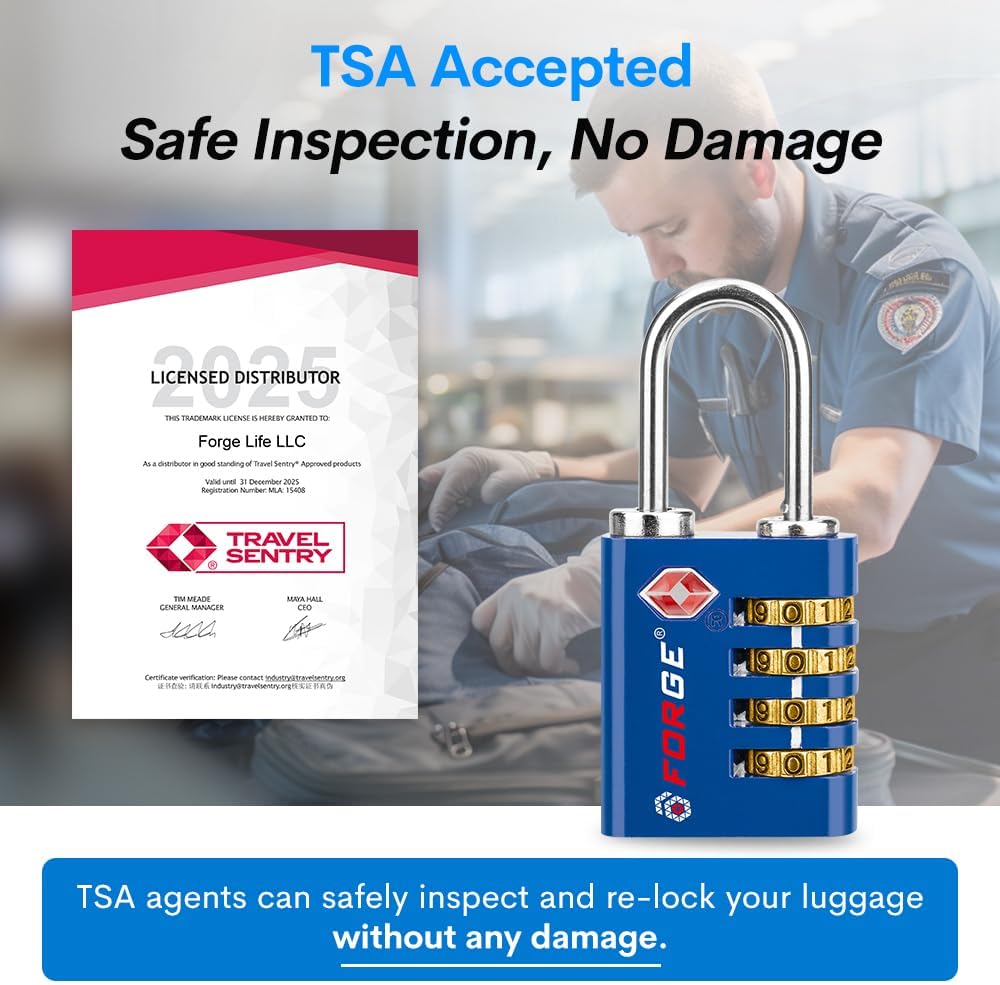 Forge Dual-Opening: Key or Combination Access Lock, TSA Approved Locks for Luggage, Pelican case, Travel, Gym, School, Stainless Steel Shackle. (Blue 2 Pk)