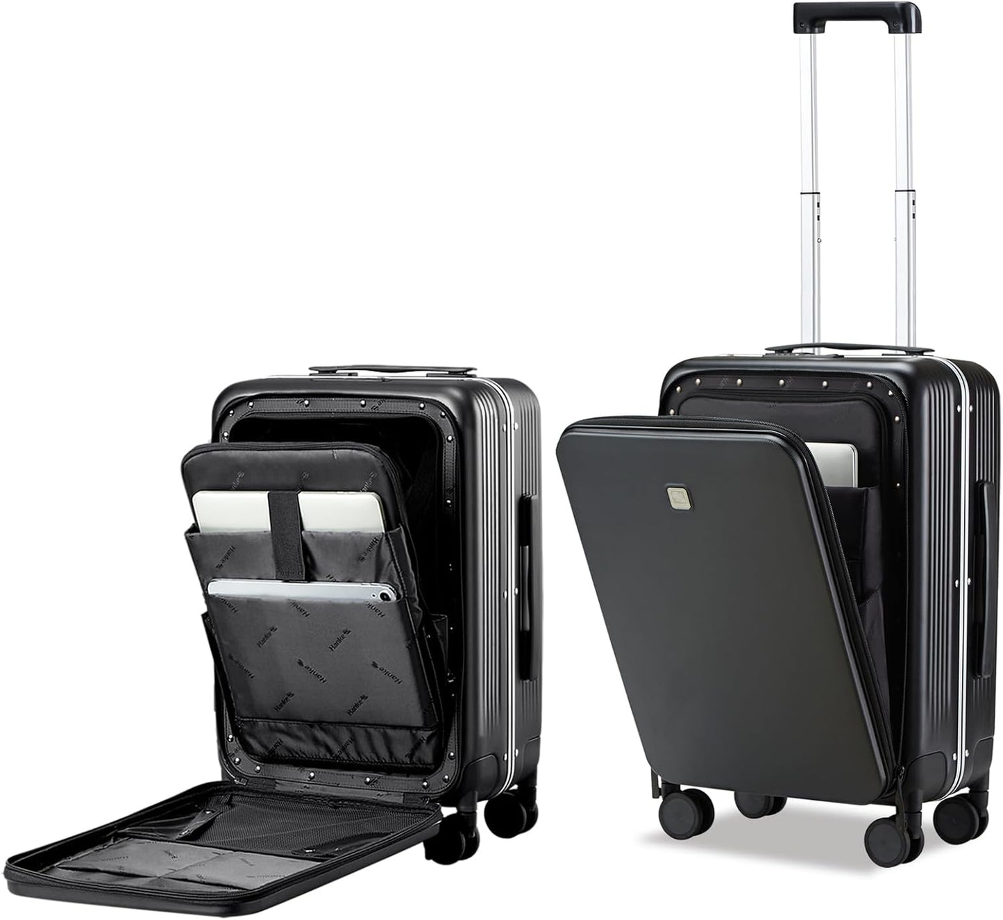 Hanke Grace Hard Shell Suitcases with Wheels,20 Inch Carry On Luggage Airline Approved with Aluminum Frame, Travel suitcase with Front Pocket Travel Luggage for Short Business Trips, Jet Black.