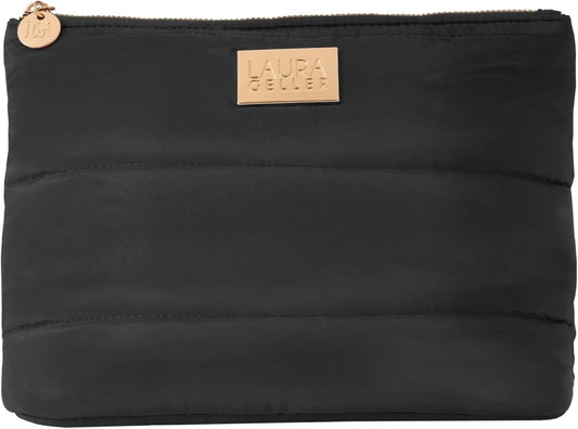 LAURA GELLER NEW YORK Quilted Makeup Bag, Black - Toiletry Bag Organizer for Travel - Large Capacity Full Size Makeup Bag - Easy to Clean