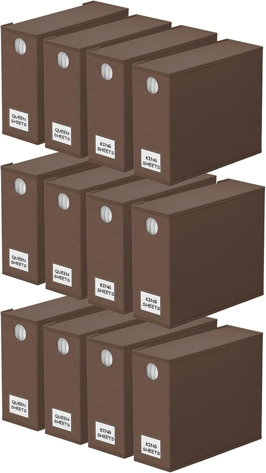 SpaceAid 12 Pack Bed Sheet Organizers and Storage, Foldable Sheet Organizer for Linen Closet, Sheets Set Folder Keeper with Window XL (Queen & King Size) Bedding Container (Brown, 12 Pack)