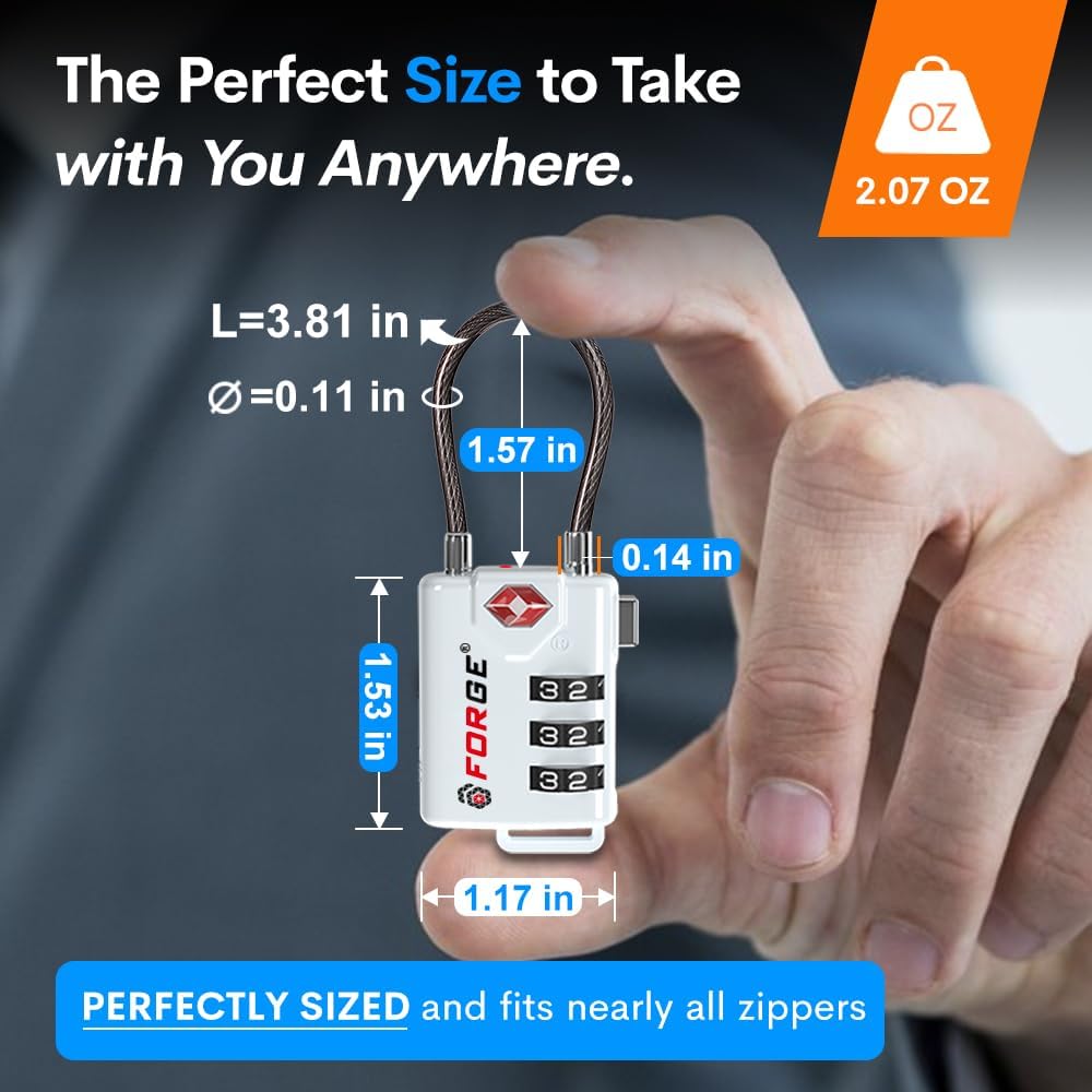 Forge TSA Approved Cable Luggage Locks, Re-settable Combination with Alloy Body(White 2 Locks)