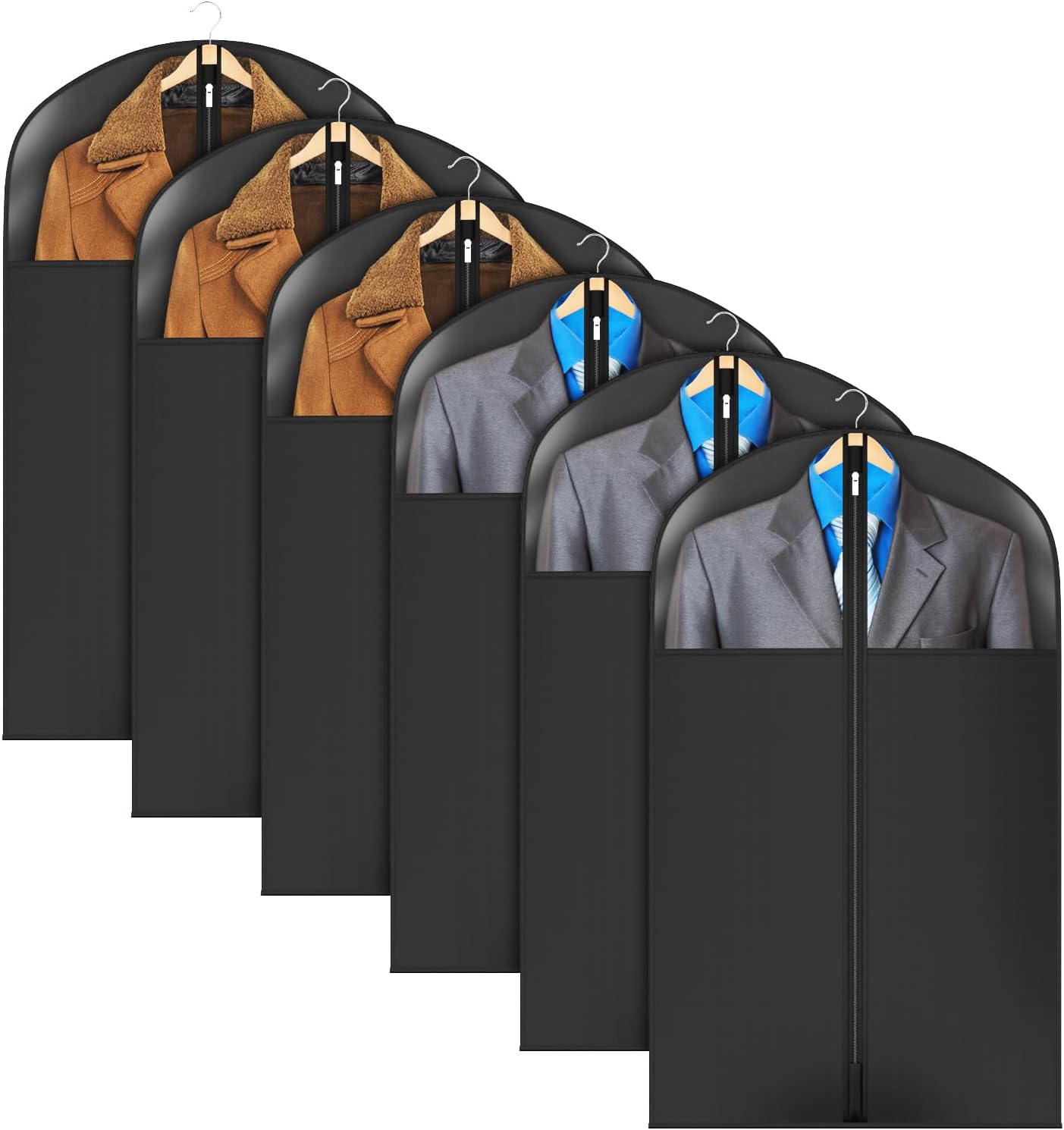 Univivi Garment Bag Suit Bag for Hanging Clothes, 40" Lightweight Full Zipper Washable Suit Cover with Large Visible Window for Suit Coat, Jacket, Sweaters (Set of 6), Black