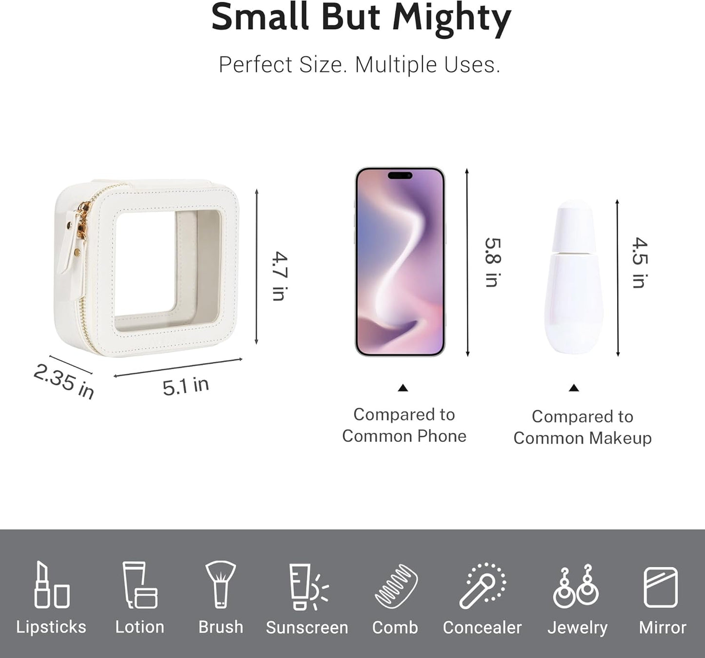 Aveniee Clear Makeup Bag Small, Mini Travel Toiletry Bag Cosmetic Bags Organizer, TSA Approved Clear Makeup Case Pouch with Zipper, Car Essentials for Women Men,White