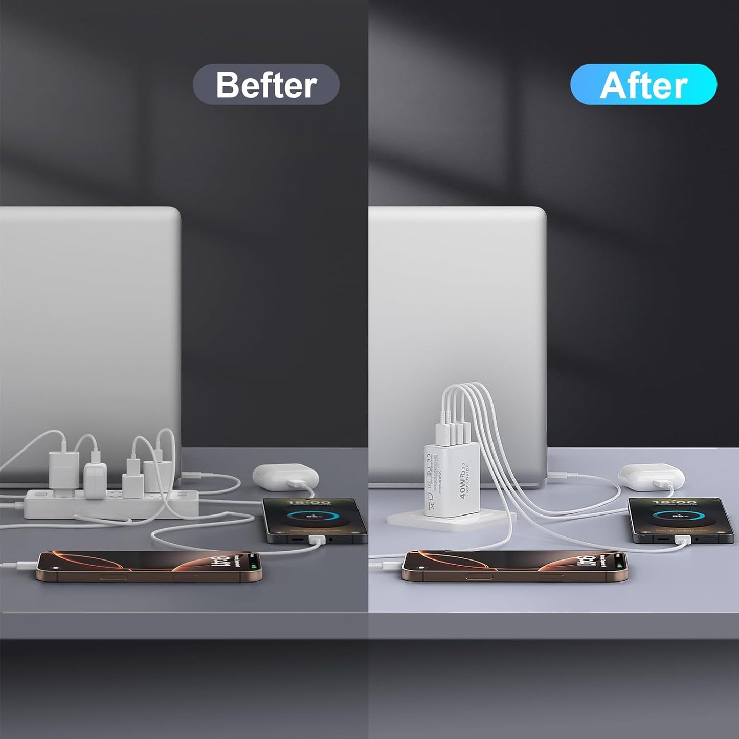 USB C Fast Charger Block, iPhone Charger Fast Charging Blocks 40W Multi Port Charger 4-Ports PD & QC Charging Cube Brick Power Adapter Type C Wall Chargers for iPhone 17/16/15/14/13/12 Pro Max, iPad