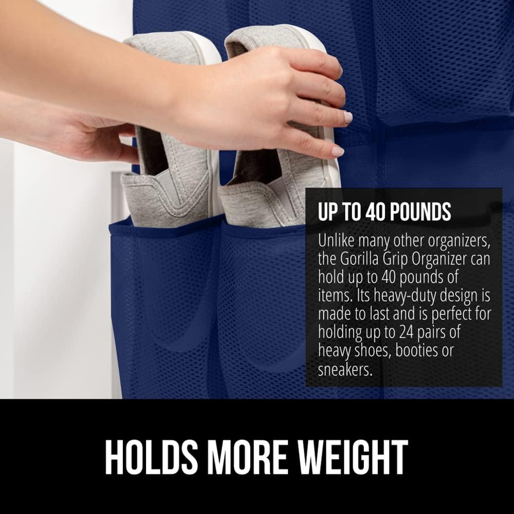 GORILLA GRIP Over the Door Shoe Organizer, 24 Large Breathable Mesh Pockets, Space Saving Hanging Storage Holder, Closet Rack Hanger Holds Up to 40 lbs, Hangs on Closets for Shoes, Accessories, Navy