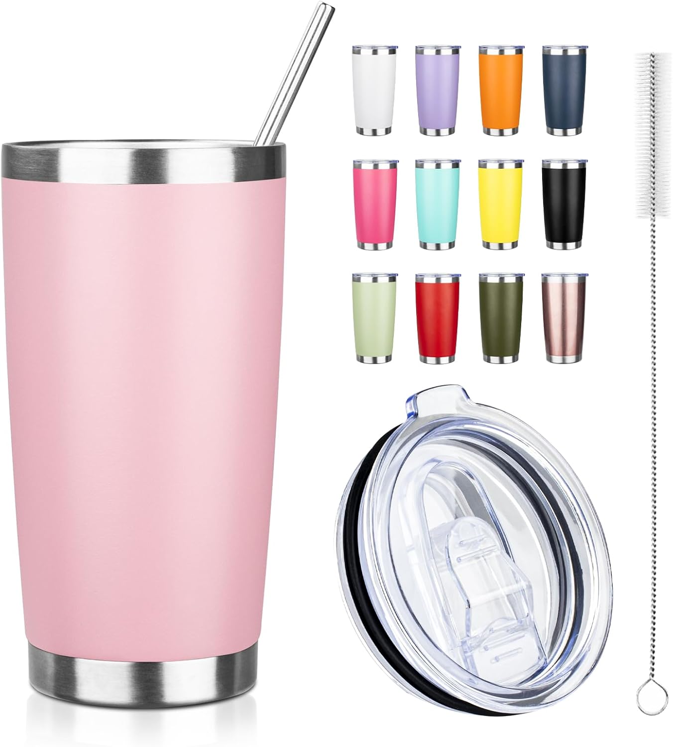 20oz Tumbler with Straw and Brush, Stainless Steel Vacuum Insulated tumbler, Double Wall Insulated Coffee Tumbler for Outdoor, Home, Travel,Office (Light Pink,1pcs)
