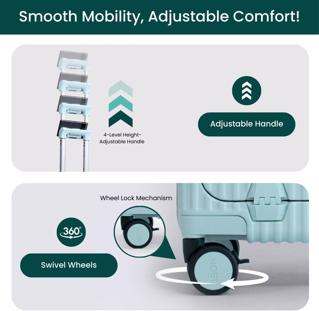 Nobl Travel Carry On Luggage, Noble Zipperless Aluminum Frame PC Hard Shell Suitcase, 22.5x15x9.5 Airline Approved, 360° Spinner Wheels, TSA Locks, USB Charging Port, Cup & Phone Holder - Baby Blue