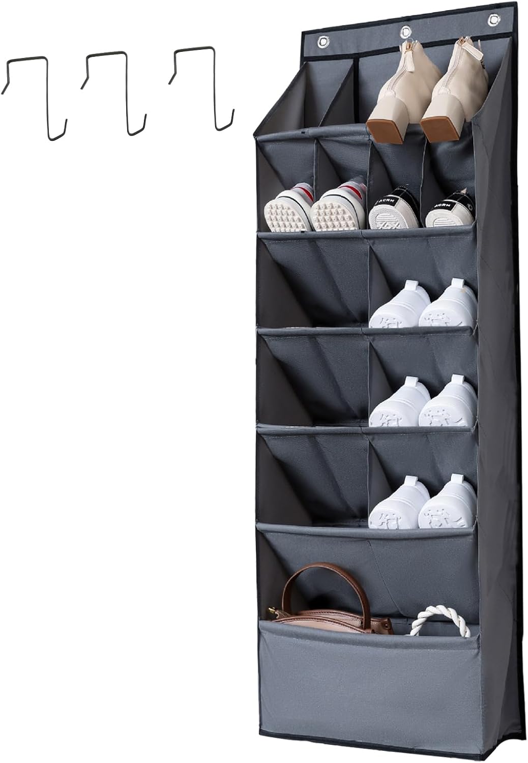 Over the Door Shoe Organizer, Grey 16 Pockets Hanging Shoe Storage Rack with Large Deep Pockets, Oxford 600D Fabric Shoe Storage Rack with 6 hook for Shoes, Home Accessories etc (Grey, 1-Grid)
