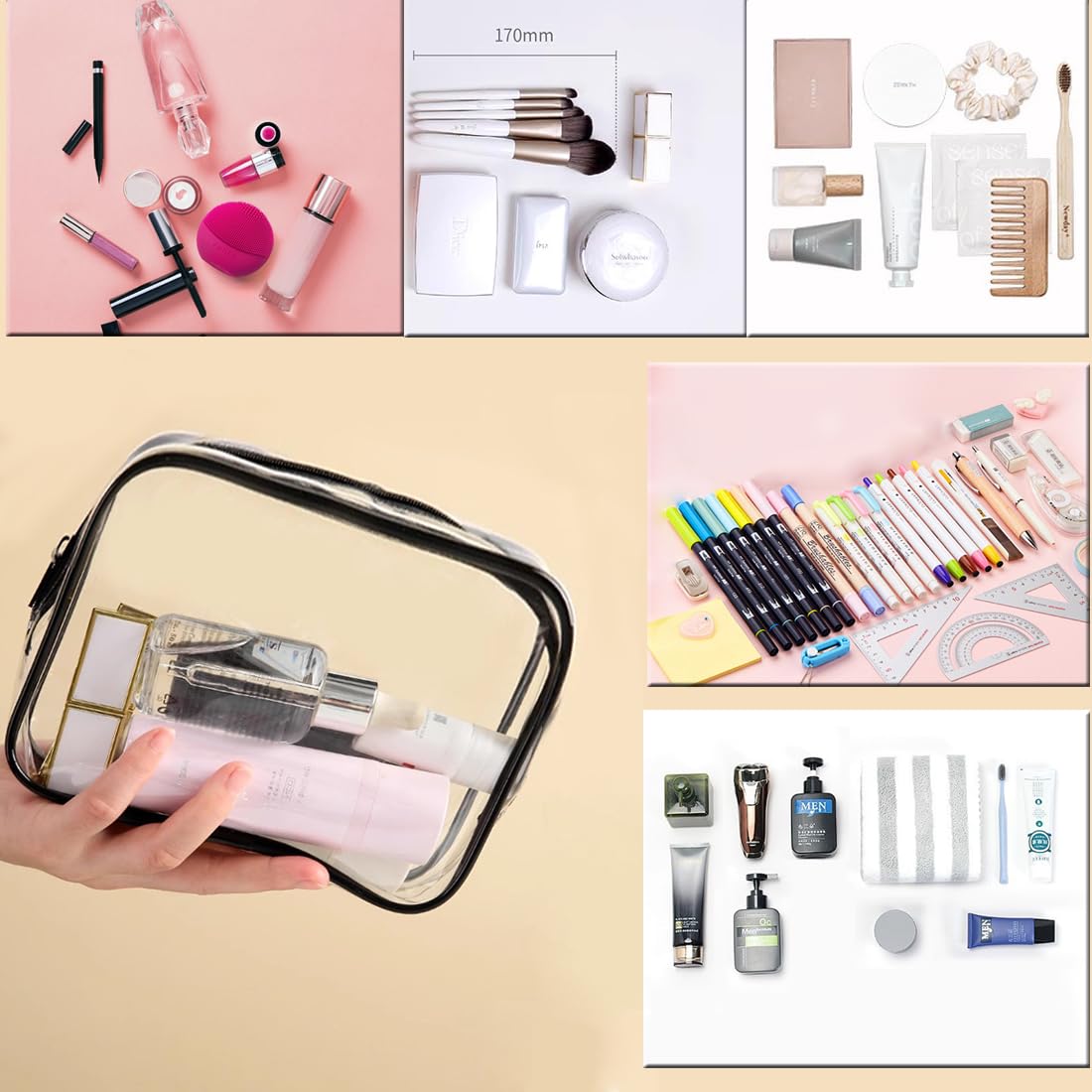 Clear Toiletry Bag, 3 Packs TSA Approved Water resistant Travel Organizer, Airport Airline Travel Essential Carry On Makeup Cosmetic Bags for Women, 3Color - 3 packs