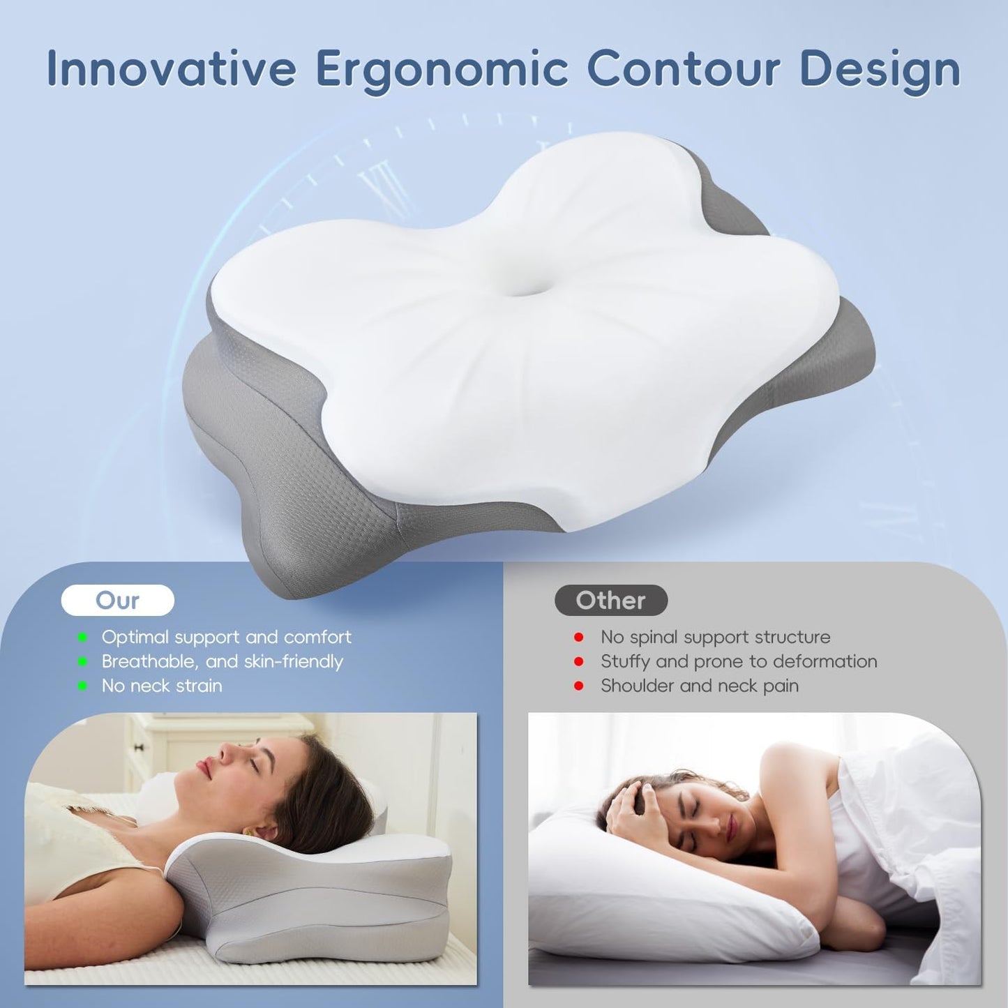 Cervical Neck Pillow, Ergonomic Memory Foam Pillows for Neck Pain Relief with Breathable Pillowcase, Adjustable Contour Neck Support Pillow for Side Back Stomach Sleepers, Odorless