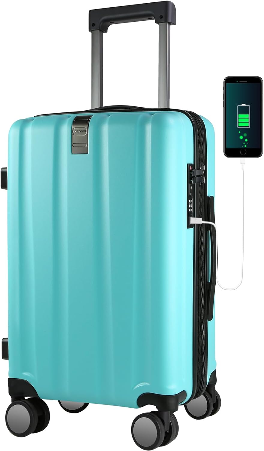 KROSER Hardside Expandable Carry On Luggage with Spinner Wheels & Built-in TSA Lock, Durable Suitcase Rolling Luggage with USB Port, Carry-On 20-Inch, Lake Blue