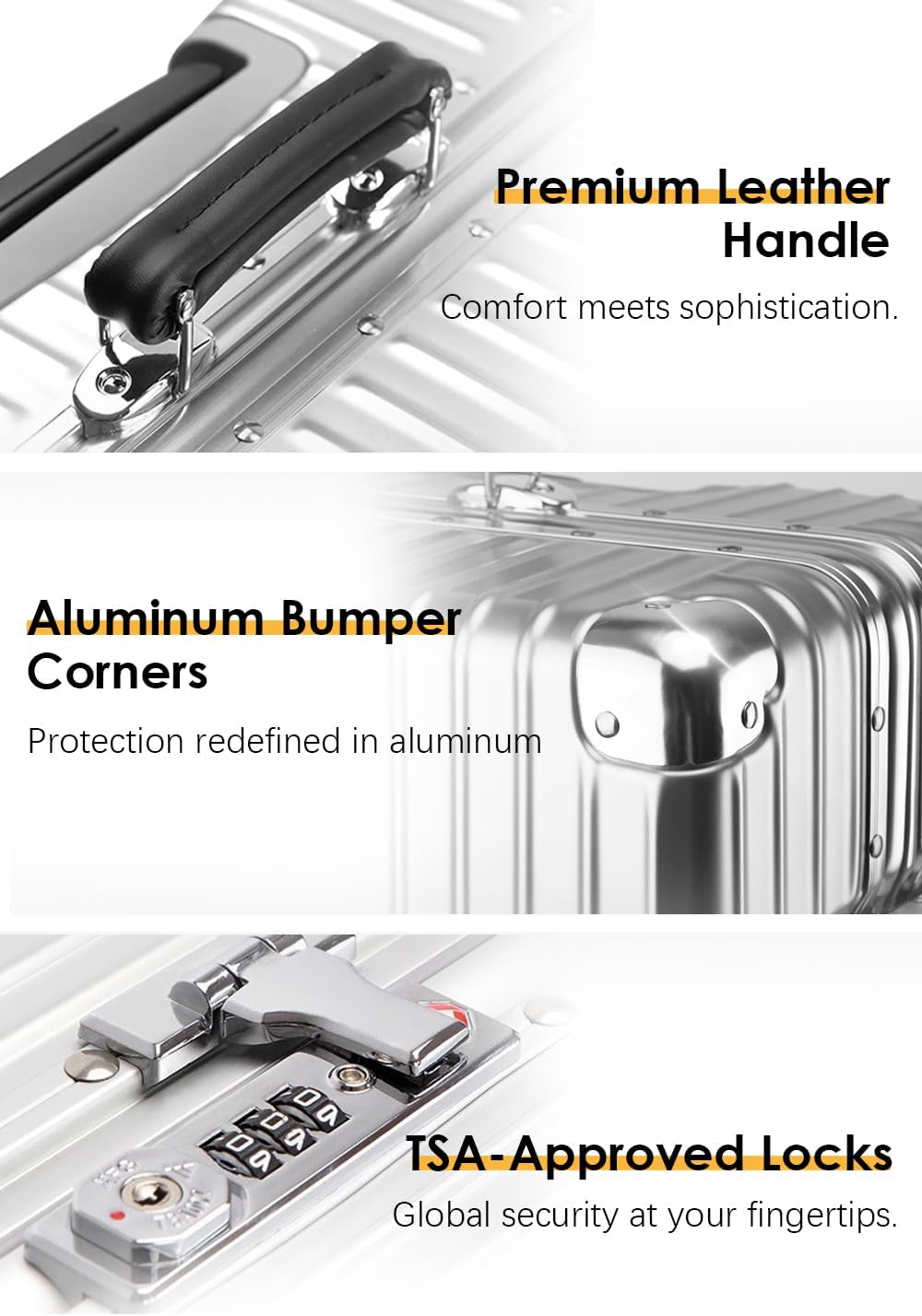 HotWay 20 Inch All Aluminum Carry On Luggage with Leather Handle, Hard Shell Zipperless Suitcase with TSA Locks and Spinner Wheels, Travel Luggage (22x14x9 Airline Approved), Gold