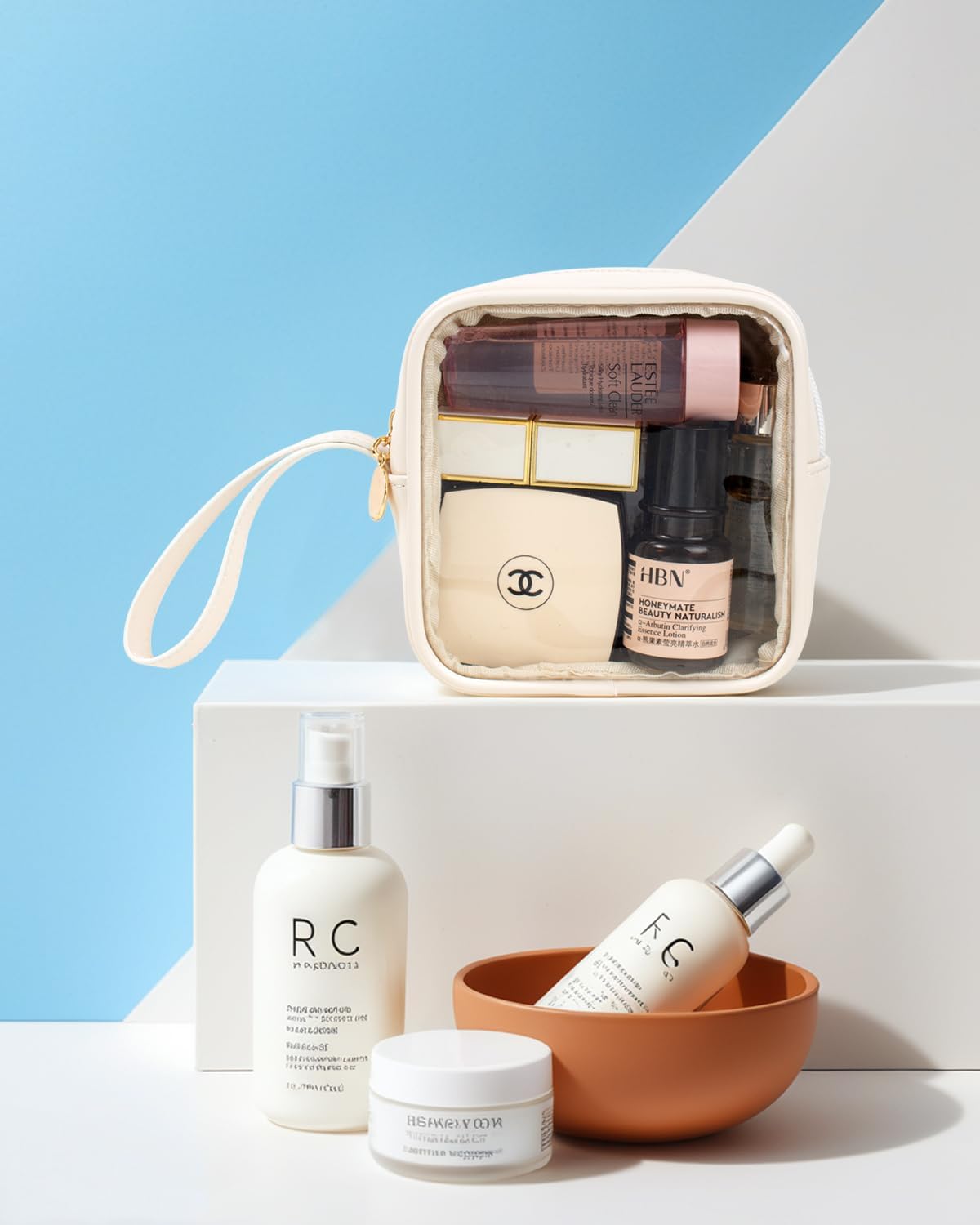 KOTORA TSA Approved Toiletry Bag with Mini Clear Makeup Bag Travel Size Beach Pool Bag Car Accessories for Women Her (Clear Mini-White)