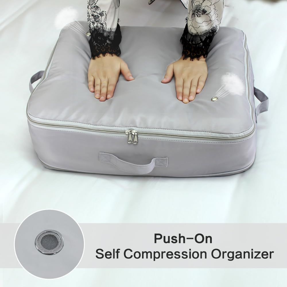 Ultra Space Saving Self Compression Storage Bags with Zipper, （Grey) -Compression Organize for Bedding, Comforter Storage Bag for Blankets Duvet Quilts Pillows