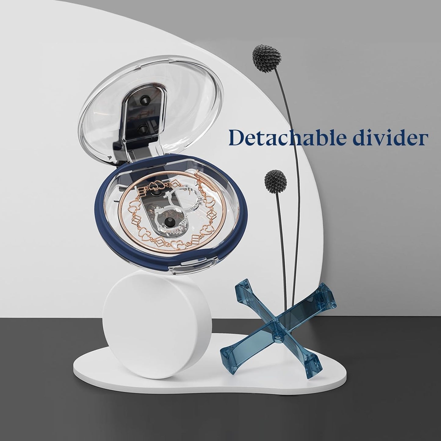 1 Pack Easy-to-Hold Small Round Blue Pill Organizer with Decorative Strap, 4 Compartments, Compact Travel Pill Box Case, Portable and Moistureproof to Store Vitamins, Medication and Supplements