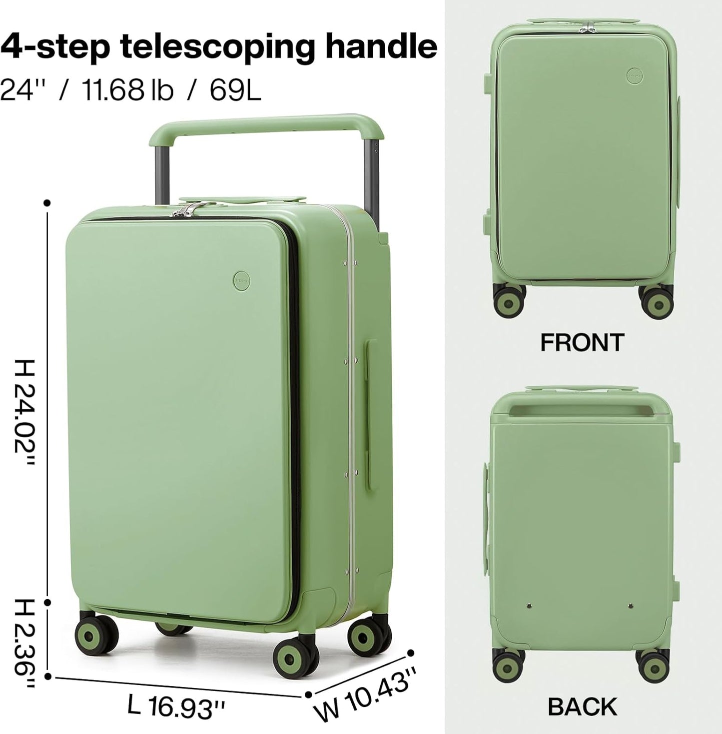 mixi Checked Luggage Wide Handle Luxury Design Rolling Travel Suitcase PC Hardside with Aluminum Frame Hollow Spinner Wheels, with Cover, 24 inch, Avocado Green