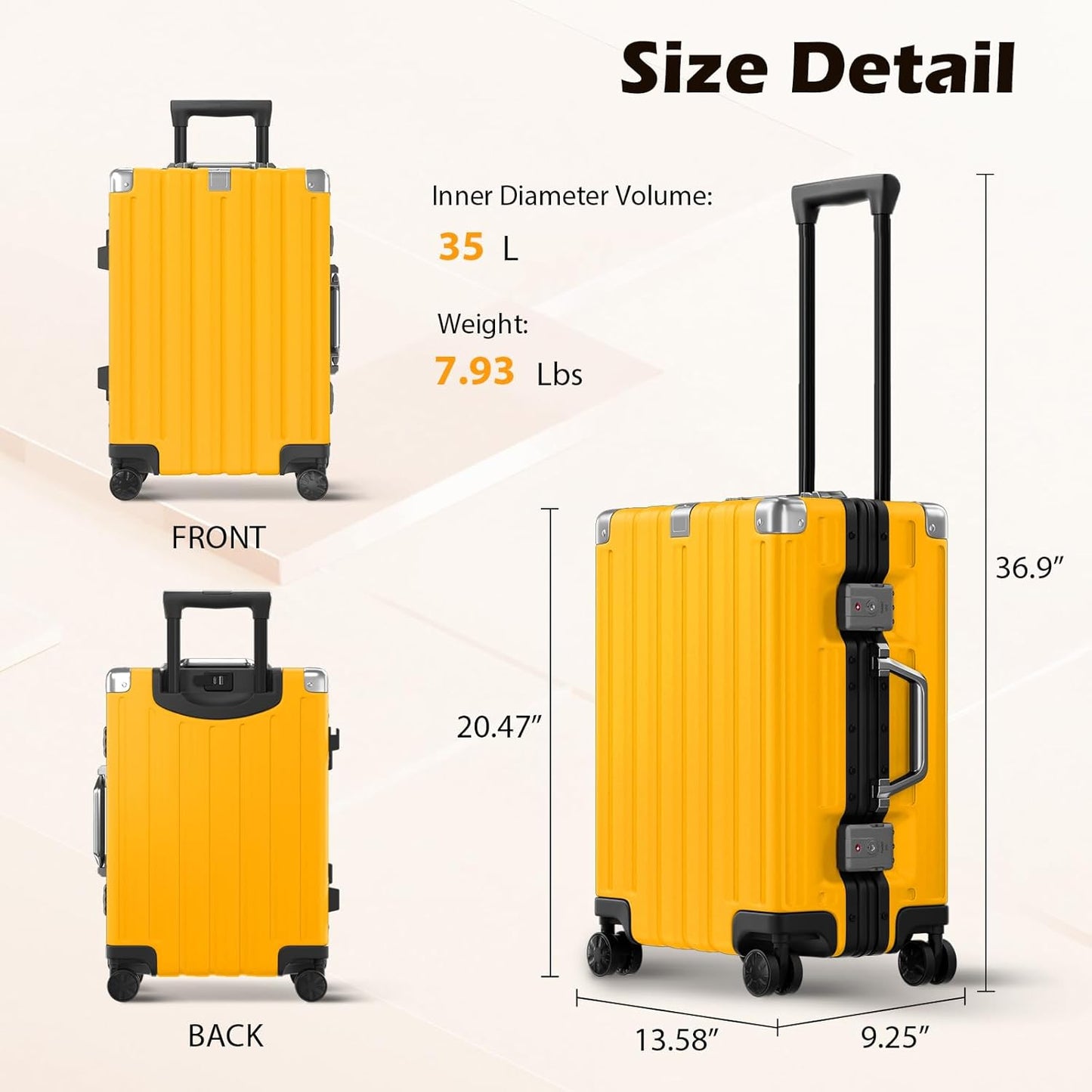 Krute Aluminum Frame Carry On Luggage 20 Inch Zipperless Luggages USB Charger Hardside PC Suitcase With Spinner Wheels Airline Approved Hard Shell Suitcases with TSA Lock (1 Piece)