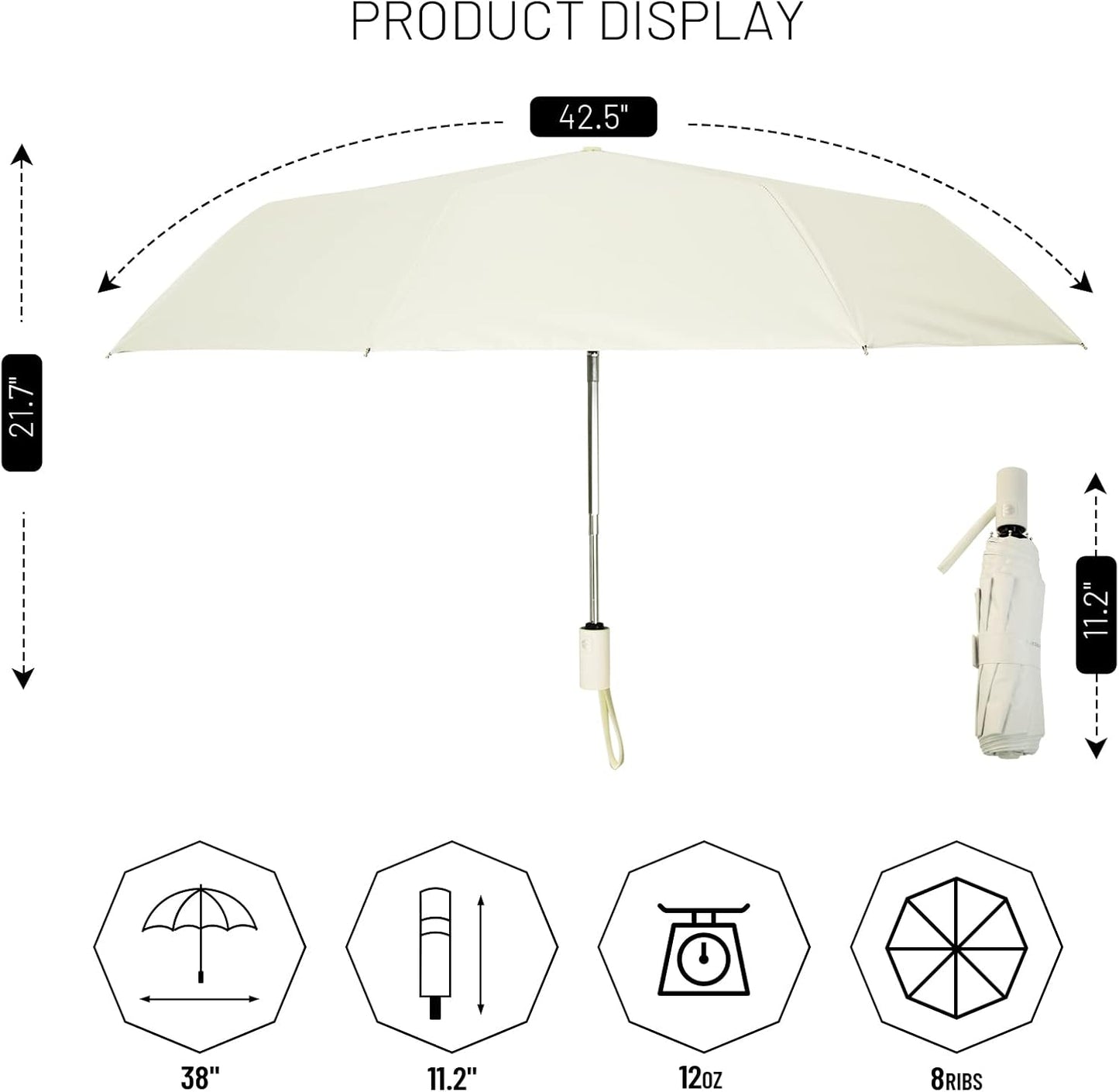 SY COMPACT Umbrella Automatic Travel Waterproof Light Folding Umbrellas Easy Carry for Women and Men (Creamy White)