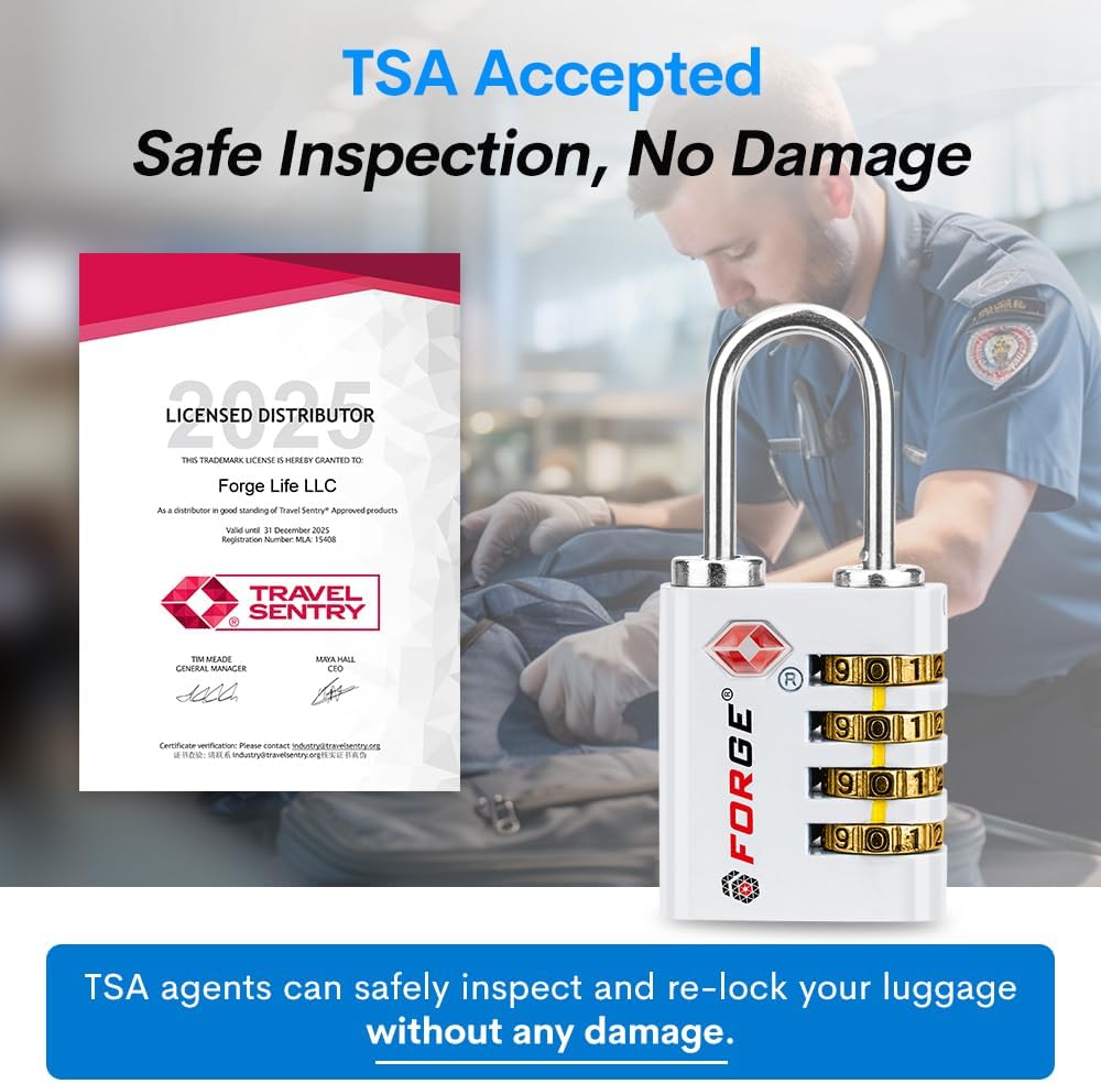 Forge Dual-Opening: Key or Combination Access Lock, TSA Approved Locks for Luggage, Pelican case, Travel, Gym, School, Stainless Steel Shackle. (White, 2 Pk)