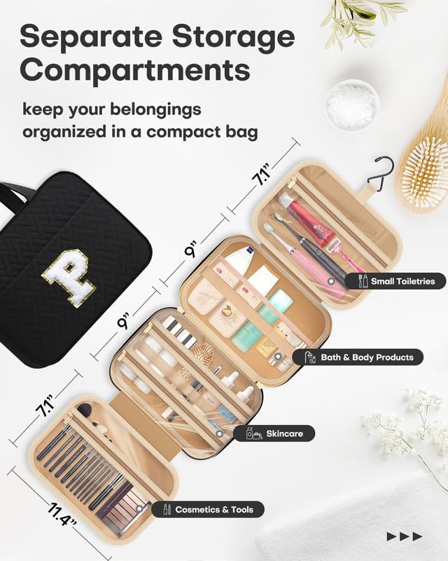 HOTOR Travel Toiletry Bag - Personalized Chenille Initial Makeup Bag, Water-Resistant Personalized Gifts for Women, Portable Travel Accessories & Essentials, Letter P, Black, 11.4"×9.0"×3.35"