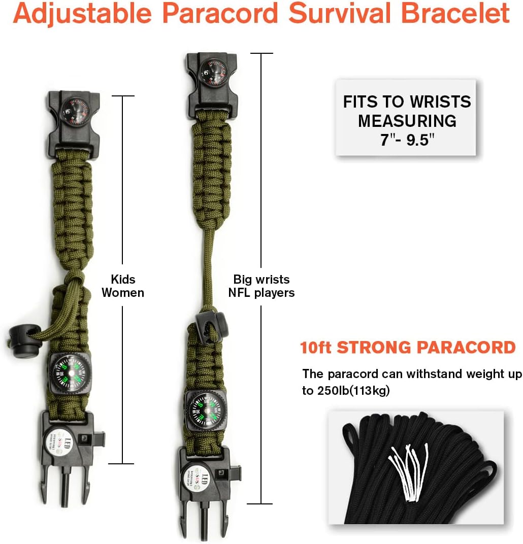 20 in 1 Survival Paracord Bracelet Adjustable Gear Kit with SOS LED Light, Fire Starter, Bigger Compass, Survival Whistle, Perfect for Camping, Hiking, Fishing