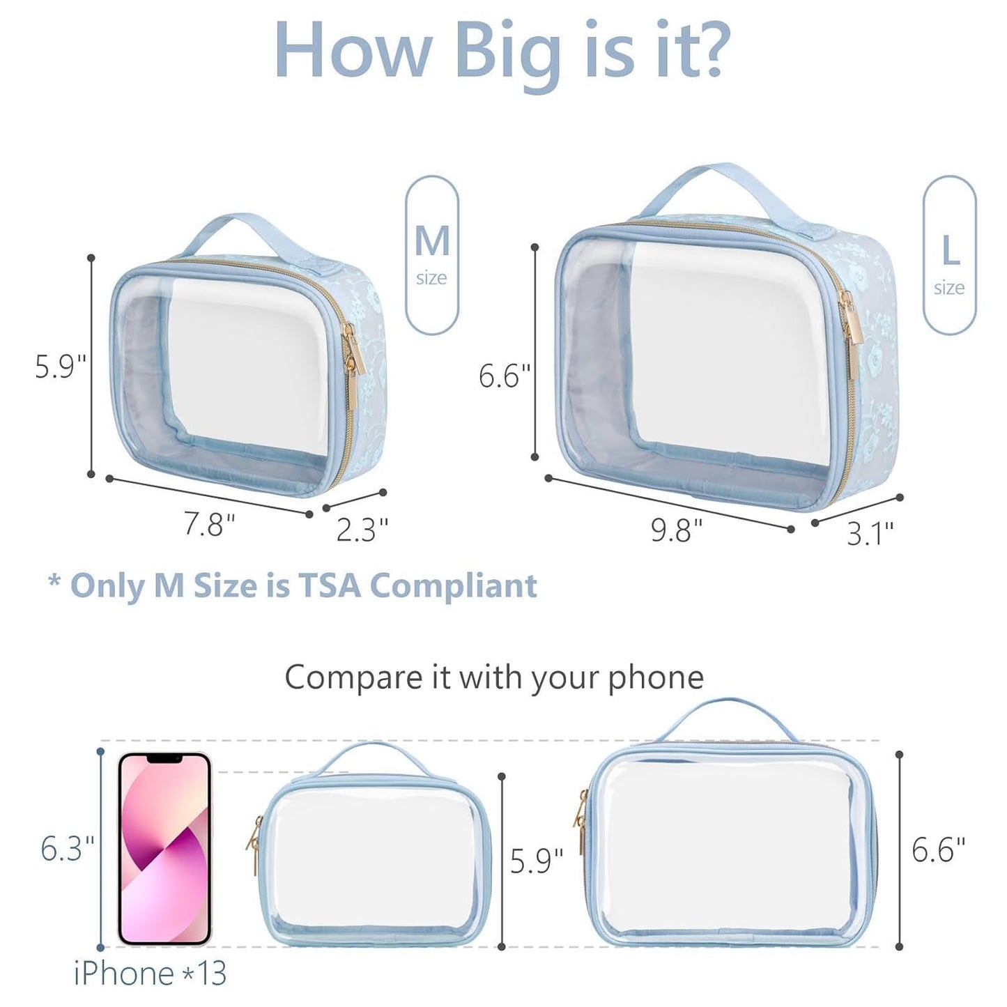 PACKISM Floral Texture Lace TSA Approved Toiletry Bag - 180° Large Opening Clear Makeup Bags in 2 Size, TSA Clear Toiletry Bag with Handle, 0.5 mm Thick Non-deformable No Smell, Blue