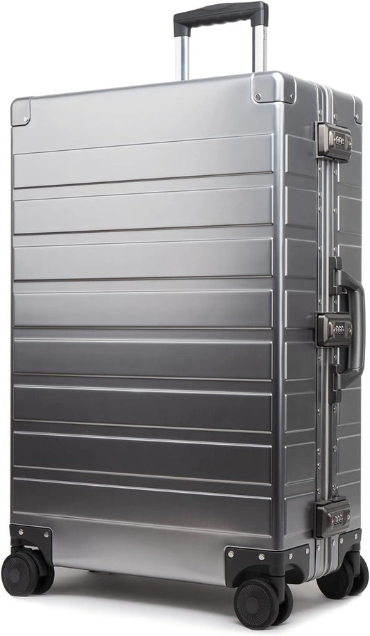 TRAVELKING All Aluminum Luggage with TSA Locks Metal Hard Shell Zipperless Spinner Alloy Metal Suitcase (Cool Metallic, 28 Inch)