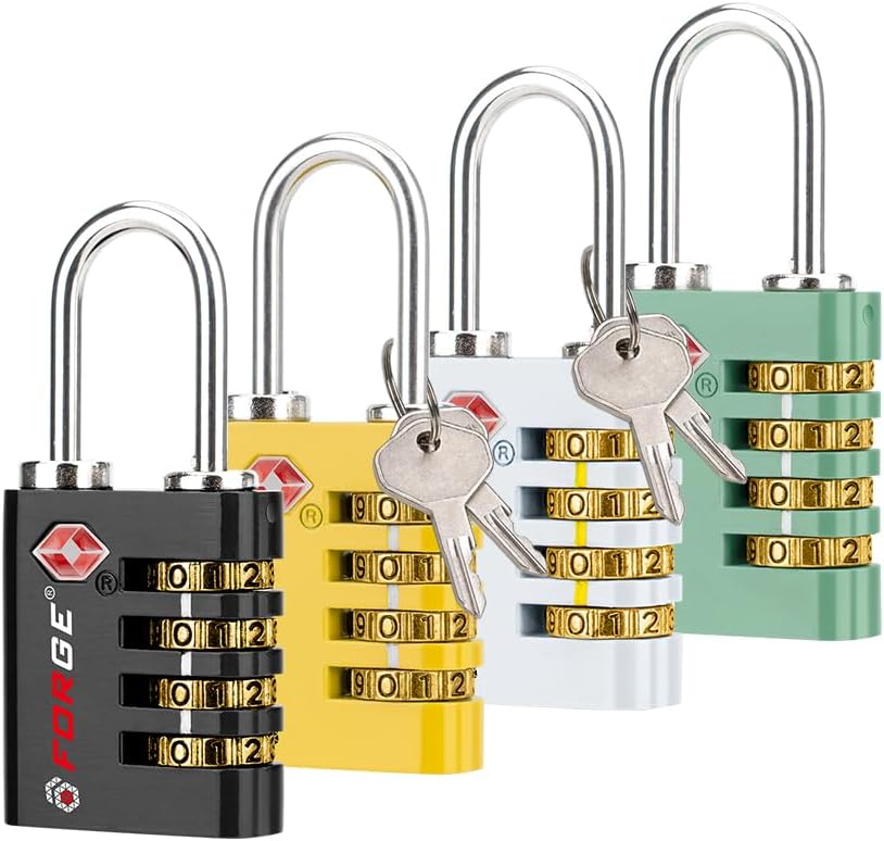 Forge Dual-Opening: Key or Combination Access Lock, TSA Approved Locks for Luggage, Pelican case, Travel, Gym, School, Stainless Steel Shackle. (Multi Color, 4 Pk)