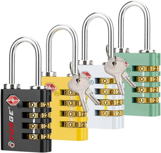 Forge Dual-Opening: Key or Combination Access Lock, TSA Approved Locks for Luggage, Pelican case, Travel, Gym, School, Stainless Steel Shackle. (Multi Color, 4 Pk)
