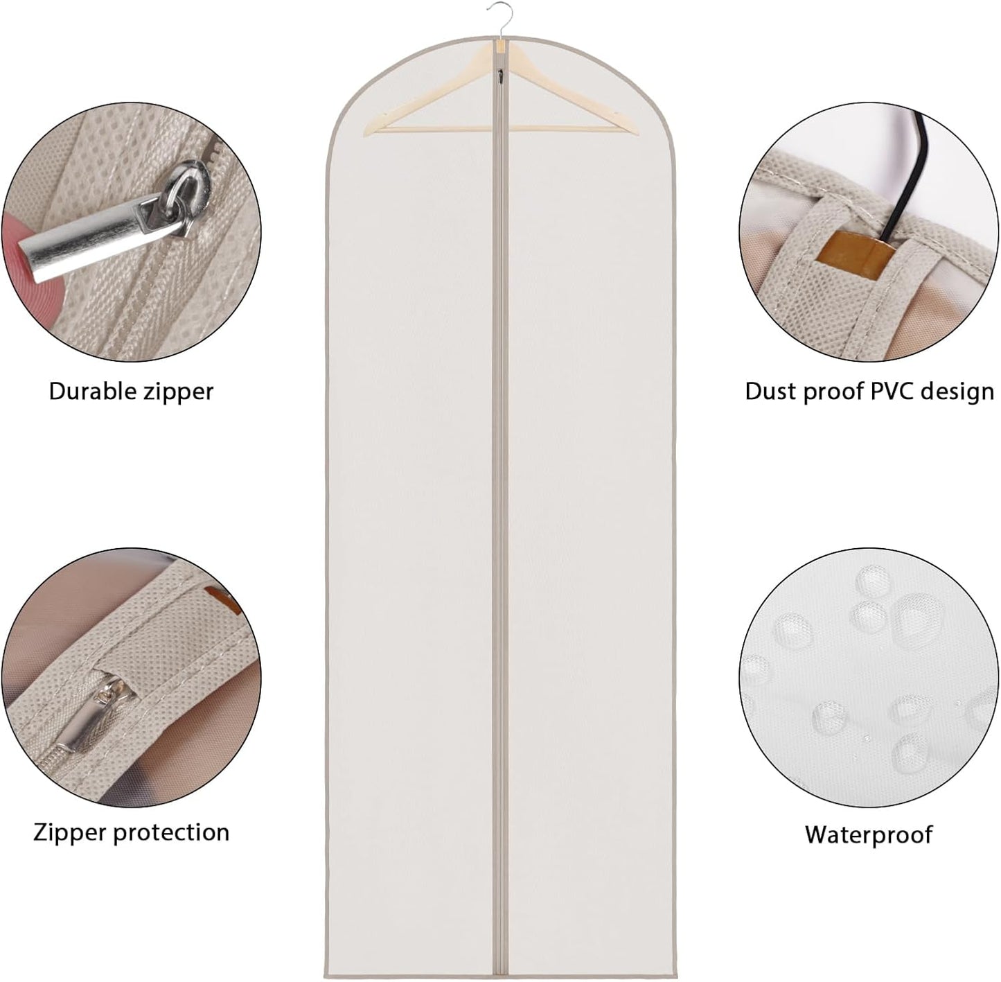 Zilink 65'' Dress Bags for Gowns Long Clear Garment Bags for Hanging Clothes Foldable Dress Covers Garment Bag for Closet Storage and Travel - Beige, 3 Pack