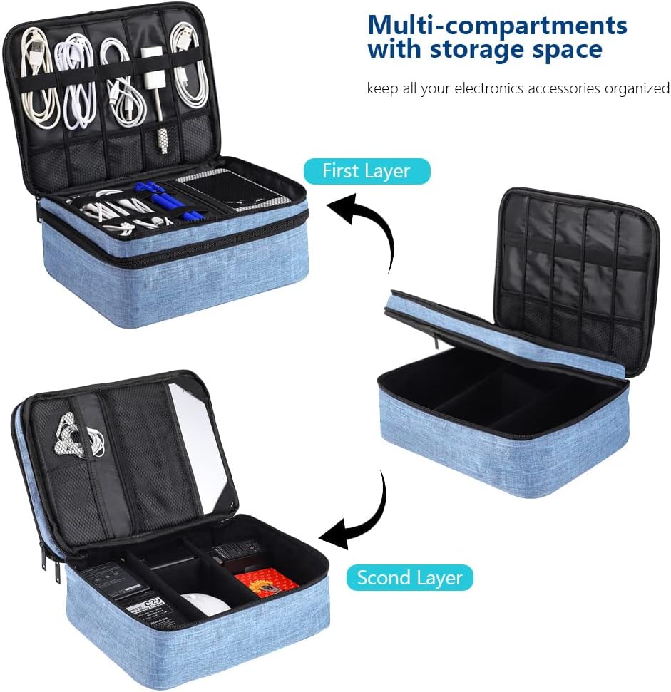 Travel Electronics Organizer, Waterproof Cable Organizer Bag for Electronic Accessories Double Layer Large Shockproof Cable Storage Bag for Cord, Power Bank, Tablet(Up to iPad 11 inch) - Denim blue