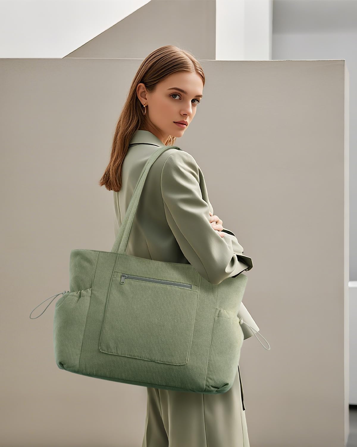 ECOHUB Tote Bag for Women, Work Tote Bags with Laptop Compartment, Large Corduroy Tote Bag with Stanley Cup Holder