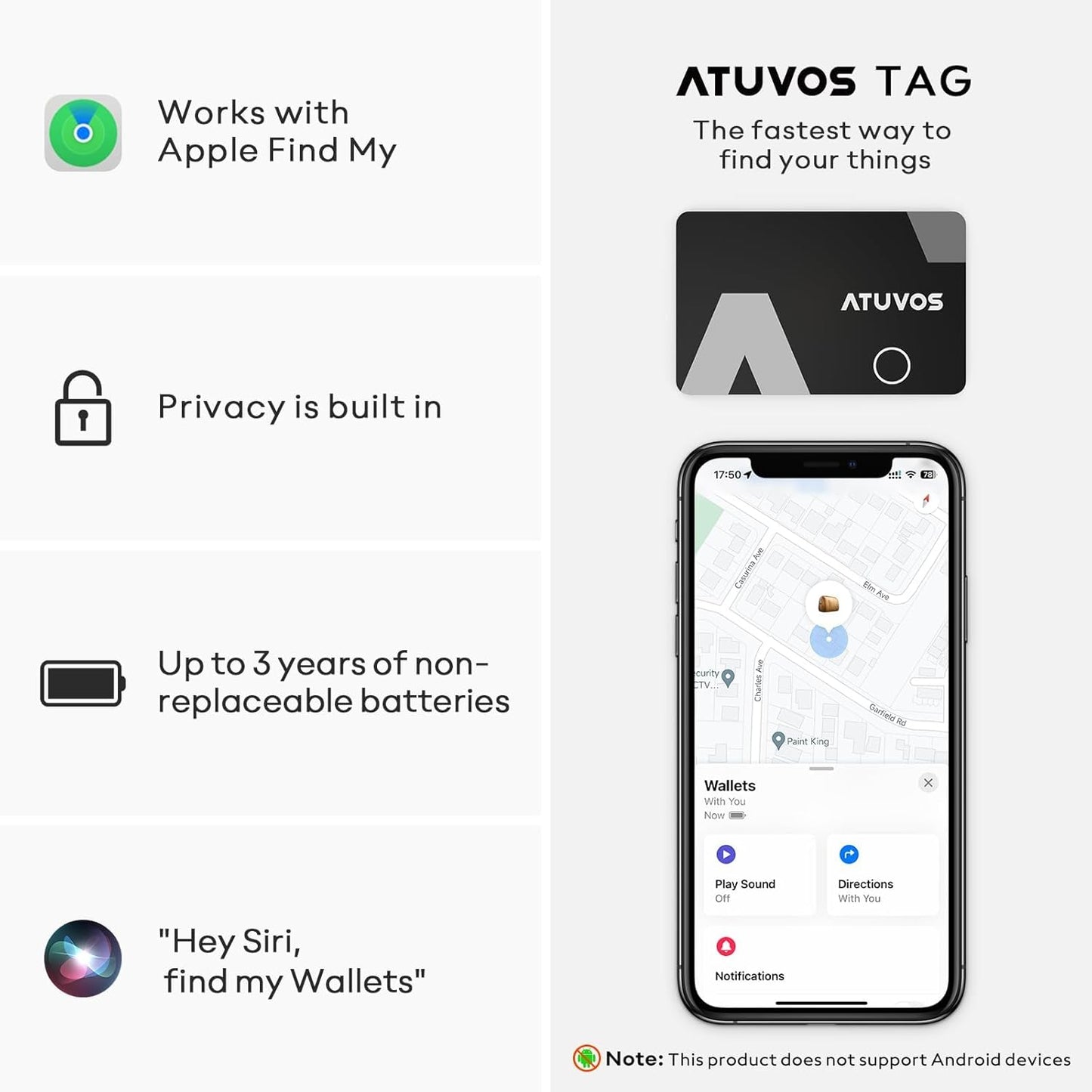 ATUVOS Wallet Tracker Finder Card, Ultra-Thin 1.6mm & 3-Year Battery, Smart Bluetooth Tracker Works with Apple Find My (iOS Only), Item Locator for Luggage Tags, Passports, IP67 Waterproof, 1 Pack