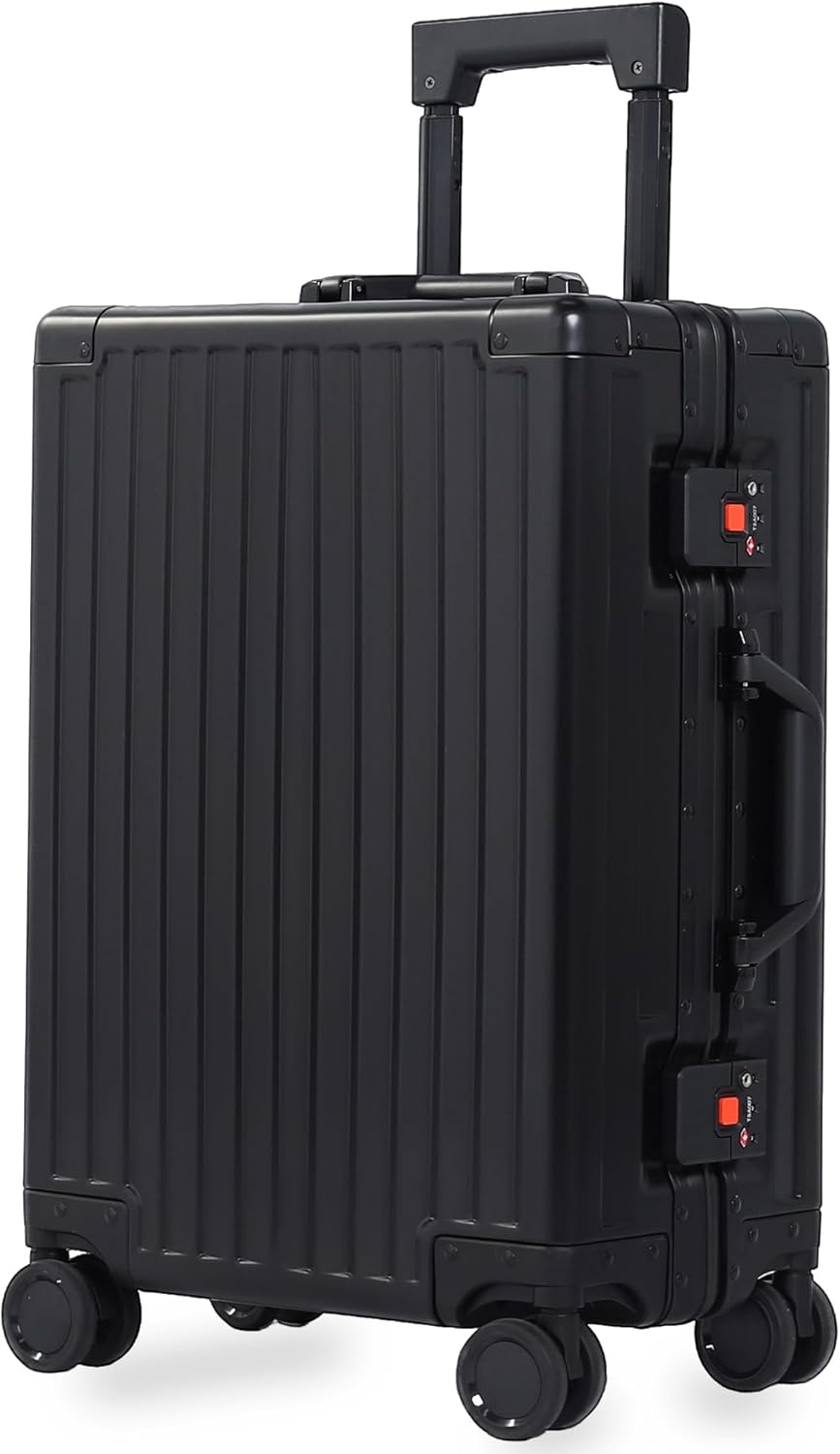 All Aluminum 24 Inch Check In Luggage Hard Shell Suitcases with Spinner Wheels and TSA Lock, Large Zipperless Luggage for Travel, Black