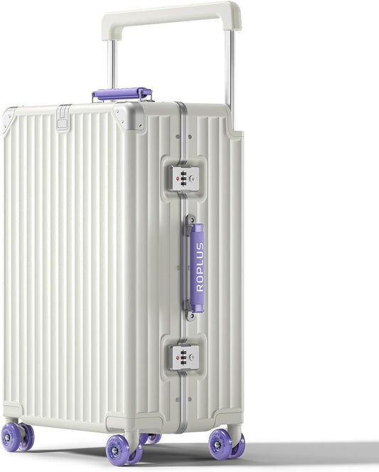Aluminium Frame Checked-Luggage with Smooth Jelly Wheels, Hardside Zipperless Rolling Suitcase with TSA Lock (WhitePurple, 24-Inch)