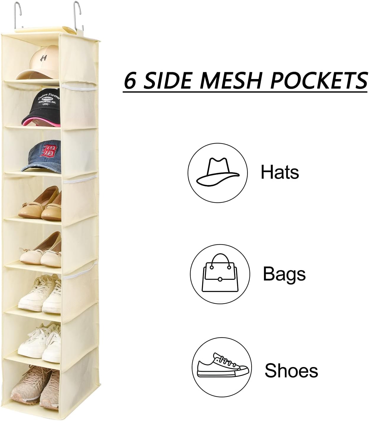 Hanging Shoe Organizer for Closet with Side Mesh Pockets，Hat Racks for Baseball Caps，Shoe and Hat Holder & Storage，8-Shelf，Beige，1 Pack