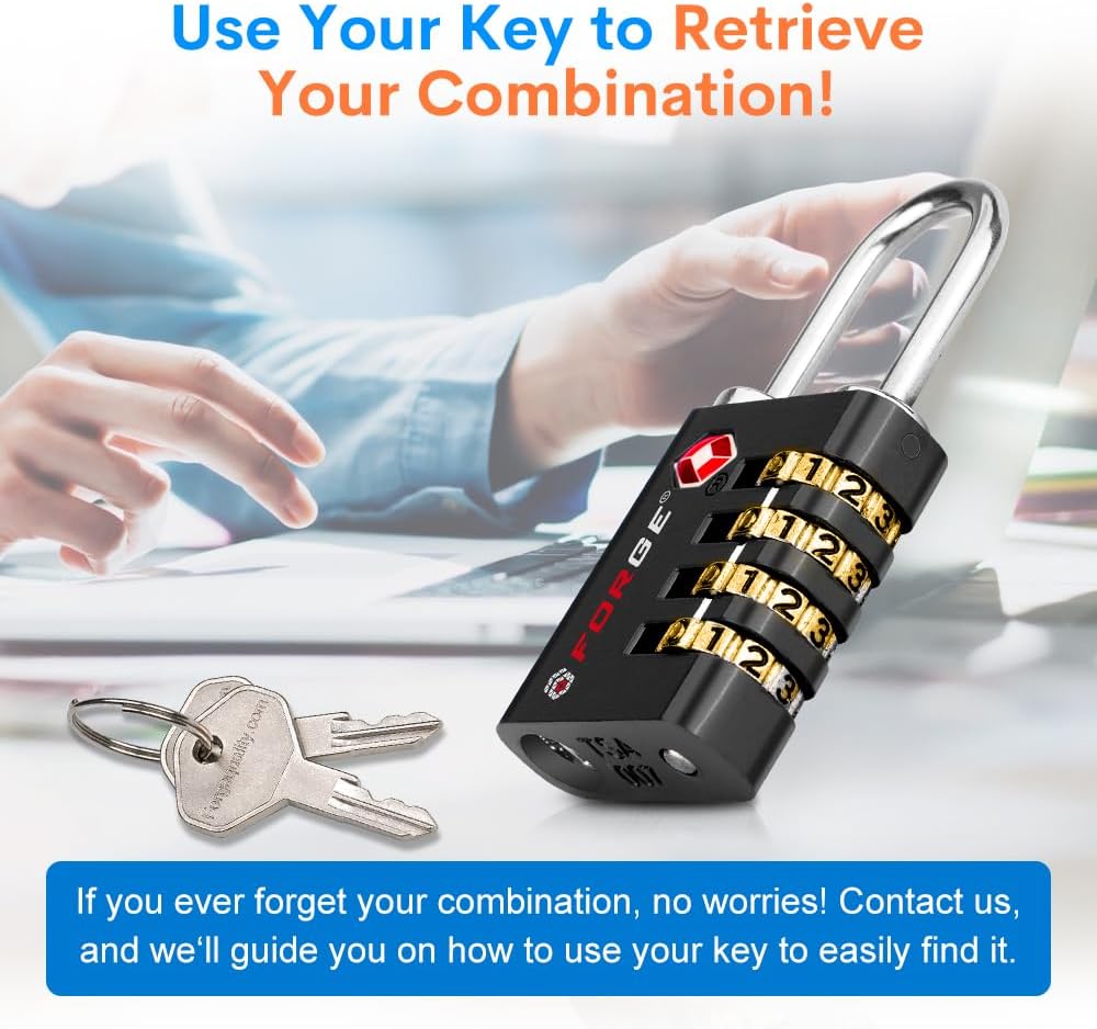 Forge Dual-Opening: Key or Combination Access Lock, Use Key to Recover Code If Forgotten, TSA Approved Locks for Luggage, Pelican case, Travel, Gym, School, Stainless Steel Shackle. (Black 2 Pk)