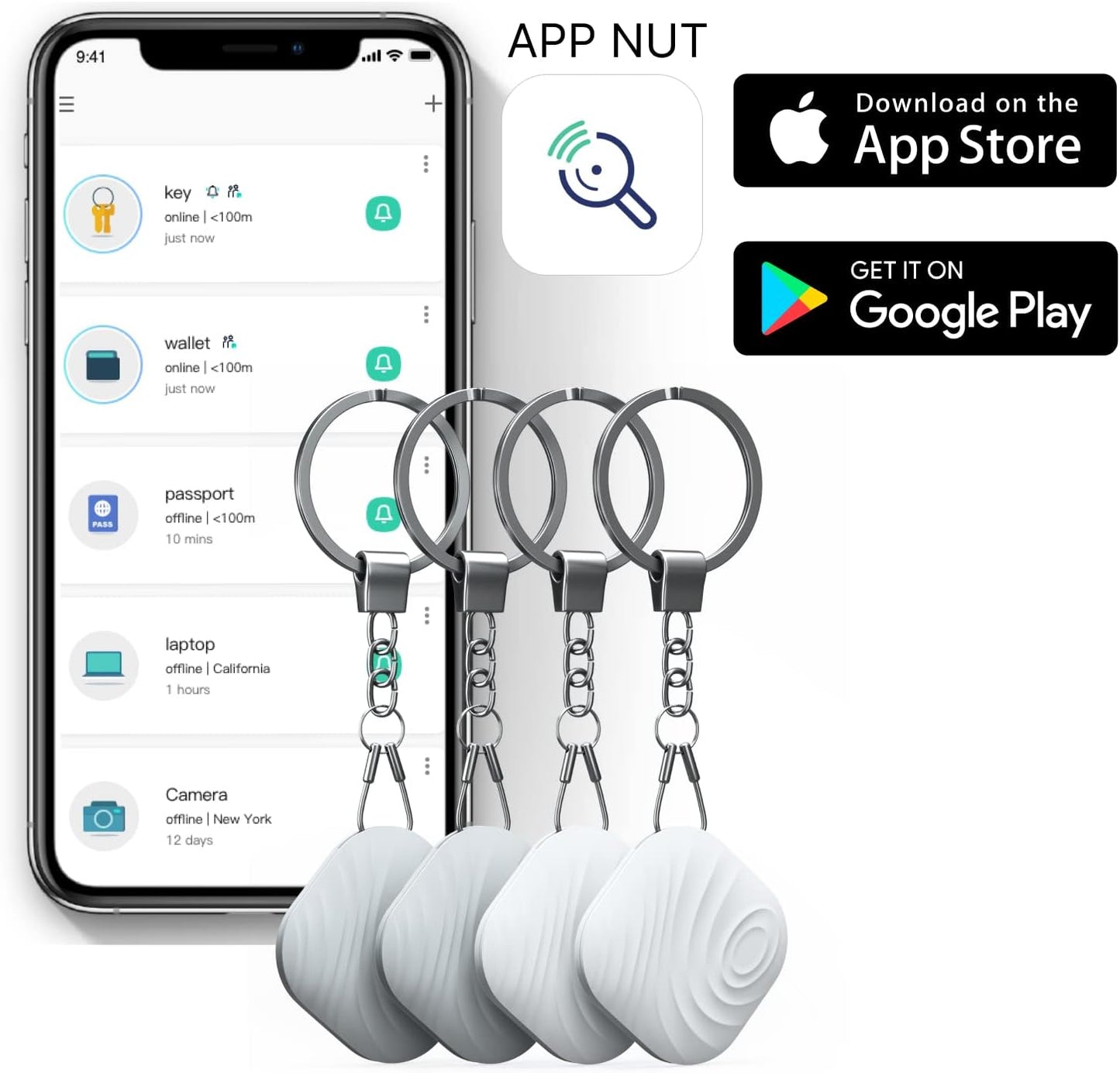 Key Finder, Bluetooth Tracker Item Locator with Key Chain for Keys Pet Wallets or Backpacks and Tablets, Batteries Include (2 White & 2Gray, 4 Pack)