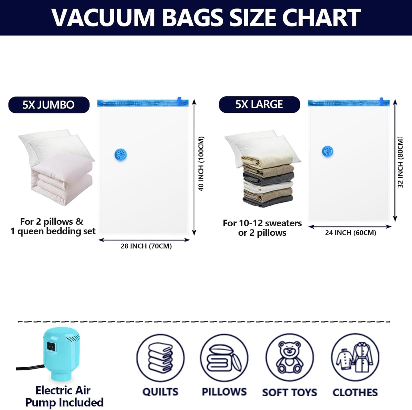 Vacuum Seal Bags for Clothing with Electric Pump, 10 Pack(5 Jumbo/5 Large Vacuum Storage Bags) Space bags vacuum Packing Bag for Travel Luggage Blankets Comforters Vaccine Sealed Storage Bag