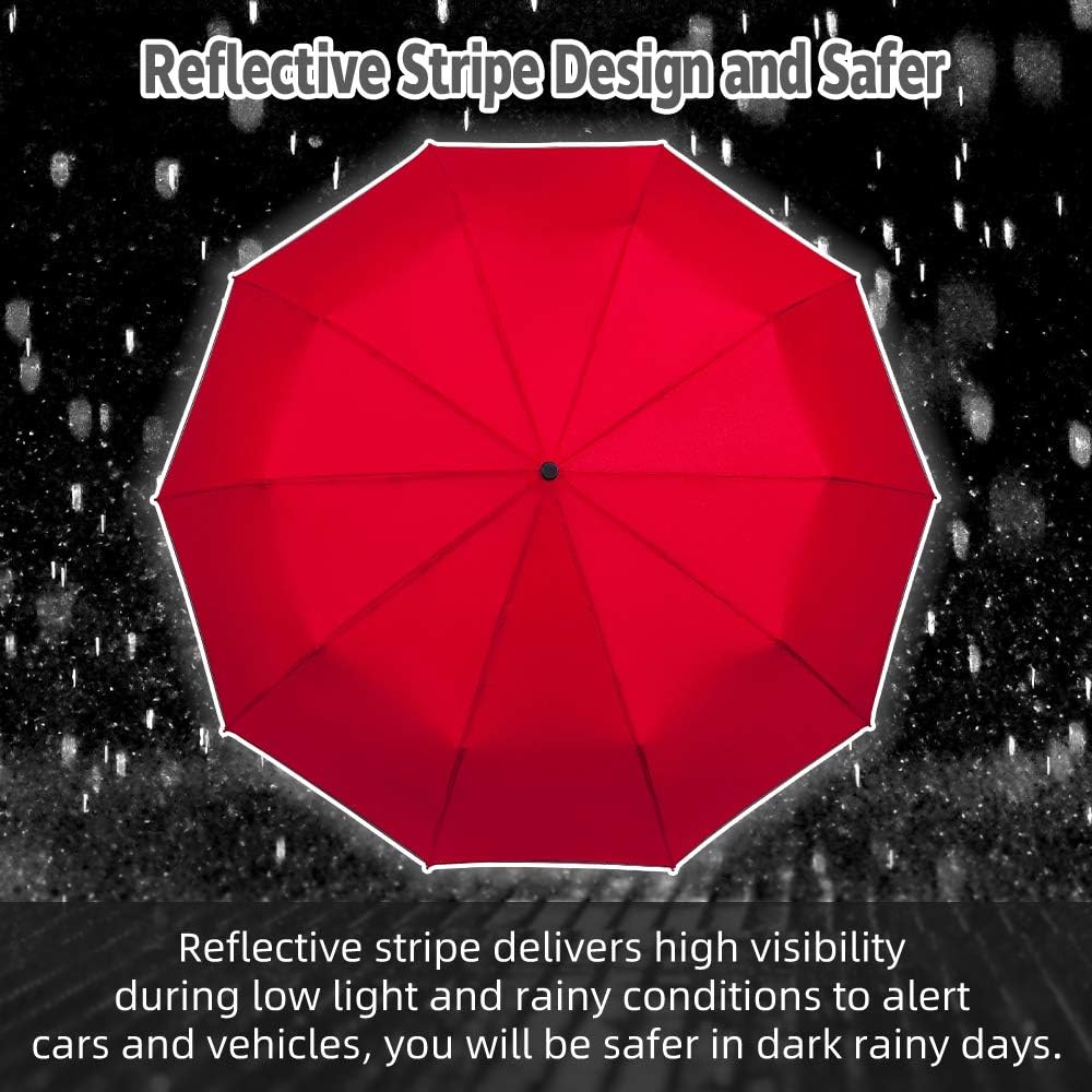 FDJASGY Windproof Travel Umbrella with Teflon Coating Auto Open Close Lightweight Sun&Rain Umbrella with 10 Rib Construction and Reflective Stripe Zipper Pouch