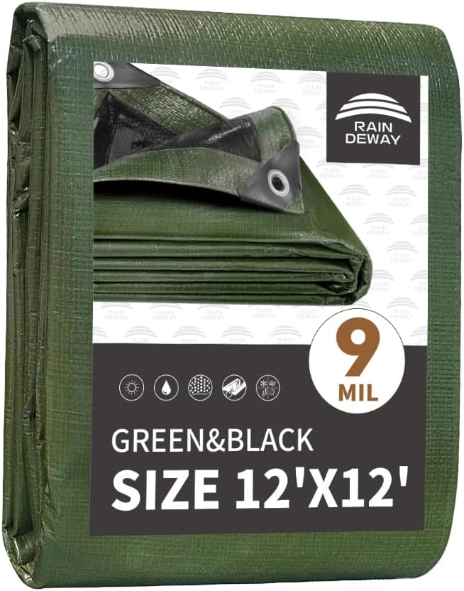 12x12 Feet Tarp Waterproof,9Mil Thick,Finished Size Tarps,UV Resistant,Durable,Multipurpose Poly Tarp Cover with Metal Grommets and Reinforced Edges,Green/Black by RAINDEWAY