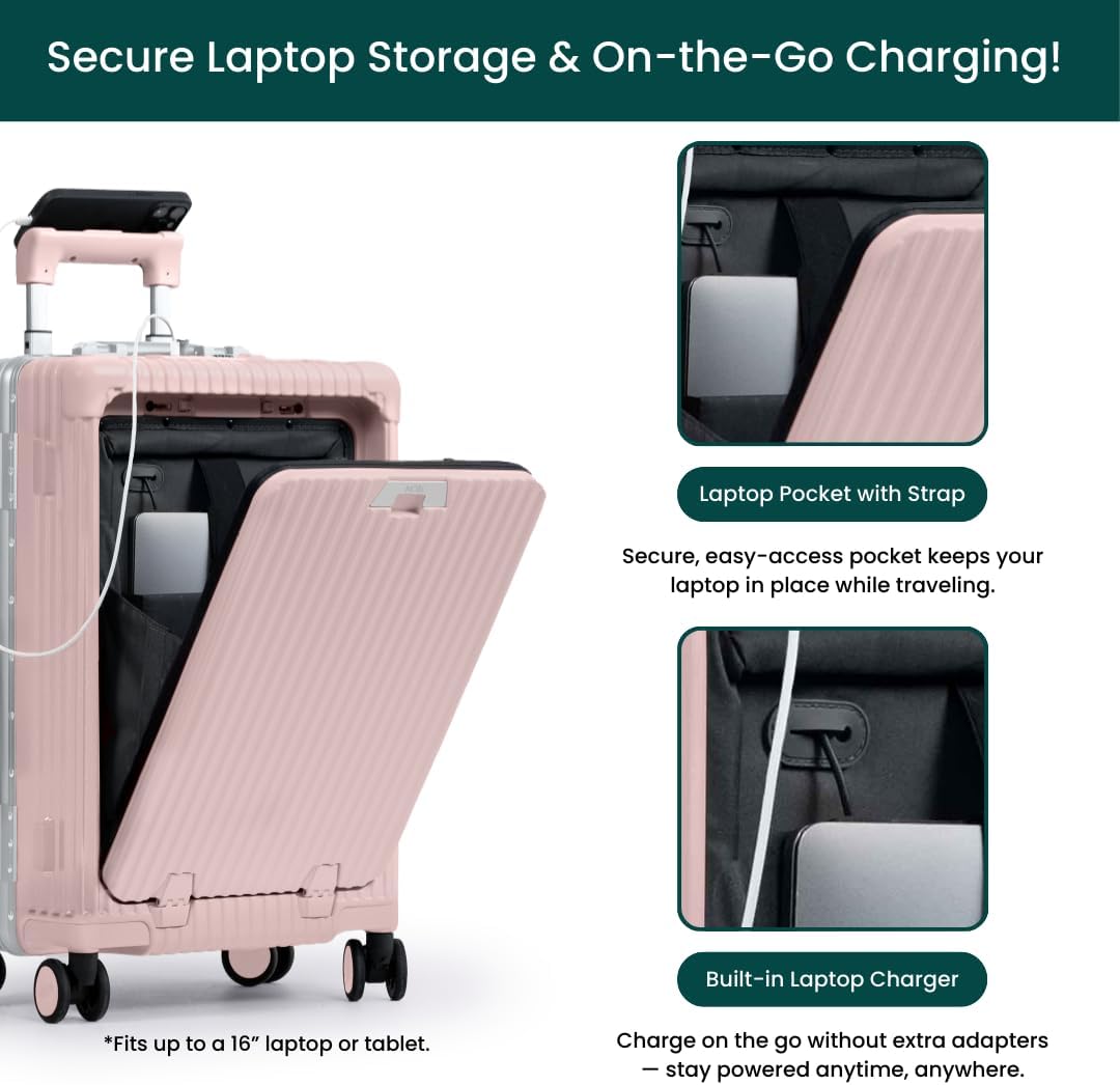 Nobl Travel Carry On Luggage, Noble Zipperless Aluminum Frame PC Hard Shell Suitcase, 22.5x15x9.5 Airline Approved, 360° Spinner Wheels, TSA Locks, USB Charging Port, Cup & Phone Holder - Pink