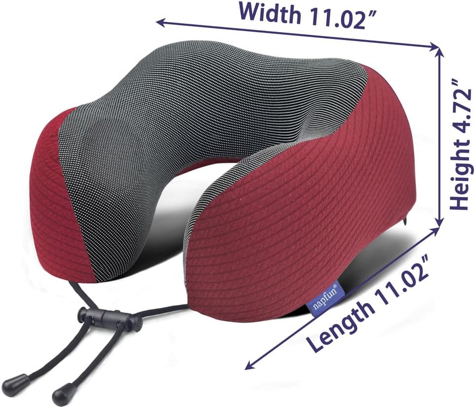 napfun Neck Pillow for Traveling, Upgraded Travel Neck Pillow for Airplane 100% Pure Memory Foam Travel Pillow for Flight Headrest Sleep, Portable Plane Accessories, Wine-Red Set, Medium (120-200LB)