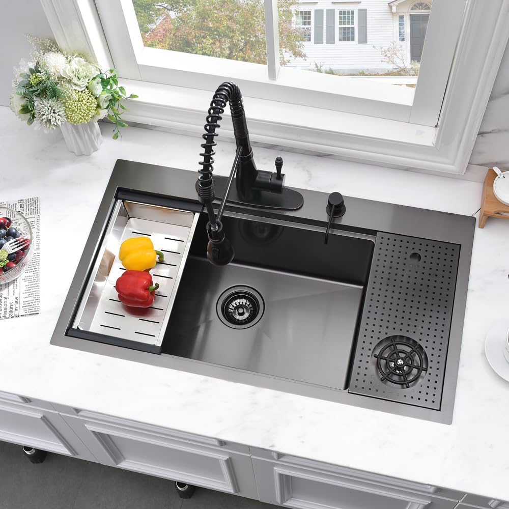 33 Inch Black Drop In Kitchen Sink with Glass Rinser-Bokaiya 33x19 Drop In Sink Stainless Steel Ledge Workstation 16 Gauge Single Bowl Deep Kitchen Sinks with Cup Washer