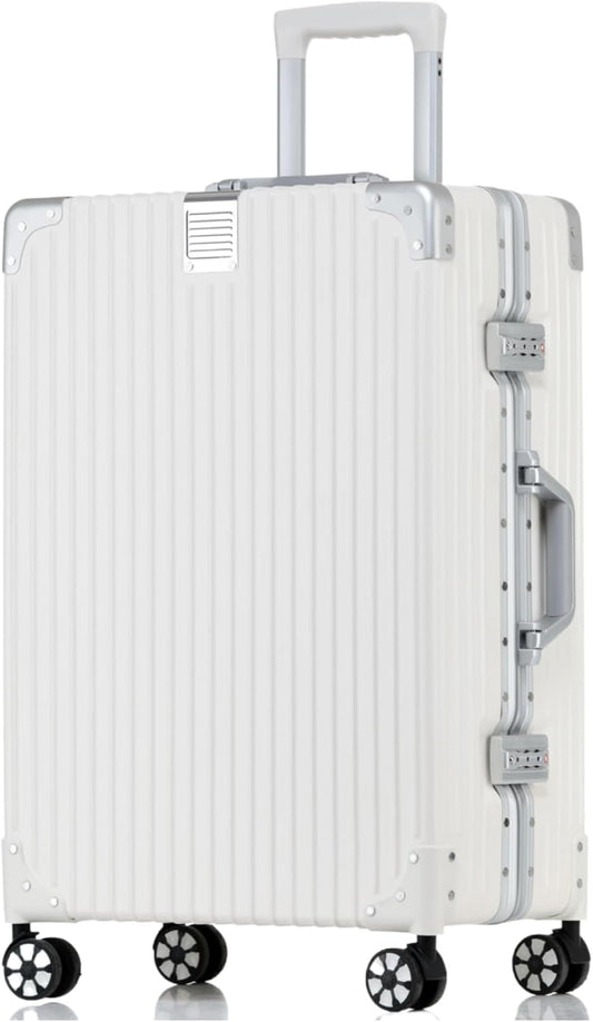 HotWay 24 Inch Checked in Luggage with Aluminum Frame,PC Hard Shell Suitcase with Spinner Wheels and TSA Lock, Large Suitcase for Travel, White