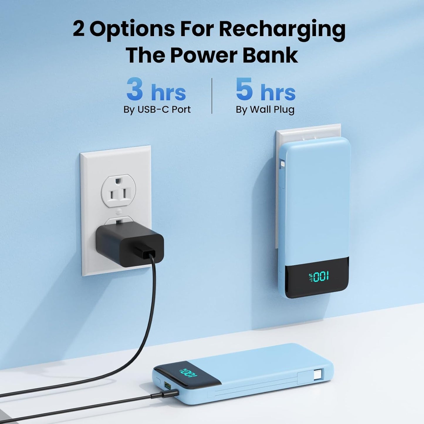 Portable Charger for iPhone with Built in Cables and Wall Plug,Upgraded 13800mAh Fast Charging USB C Power Bank,4 Outputs Travel Essential Battery Pack Compatible with iPhone 15/14/13/12,-Light Blue